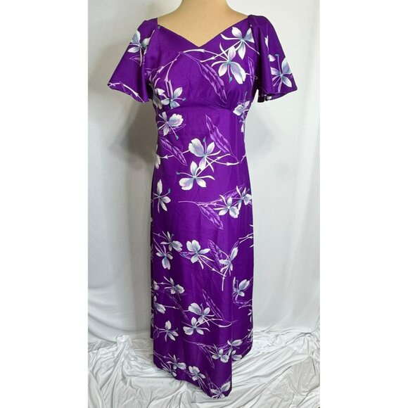 70's Hukilau Fashions Honolulu Hawaiian Purple Floral Dress Flutter Sleeves sz 6 - Picture 1 of 9